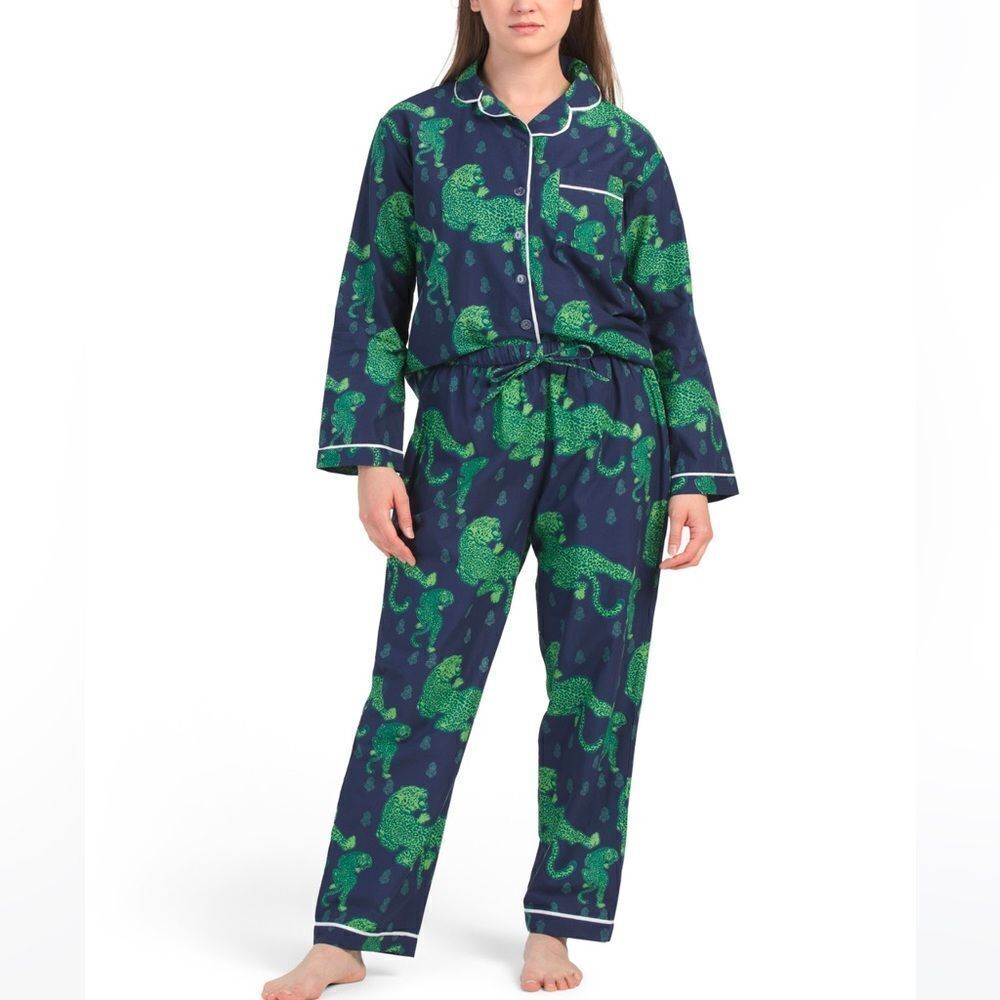 SAATVIK Navy Green Tiger Print Long Sleeve Notched Collar Long Pant PJ Set